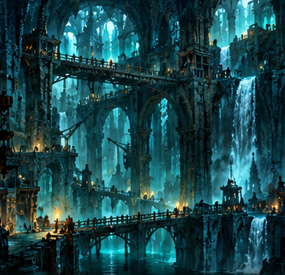 Original illustration of flooded underground galleries, monumental aqueducts and bridges washed in blue-green light