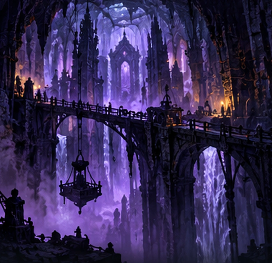 Original illustration of vast violet-lit ancient halls, improbable stone arches and distant silhouettes on narrow bridges