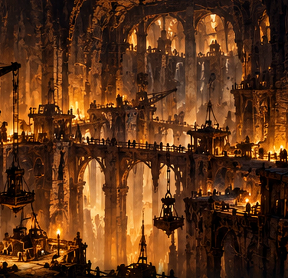 Original illustration of a working underground mine with suspended machinery, warm lanterns and tiered stone passages