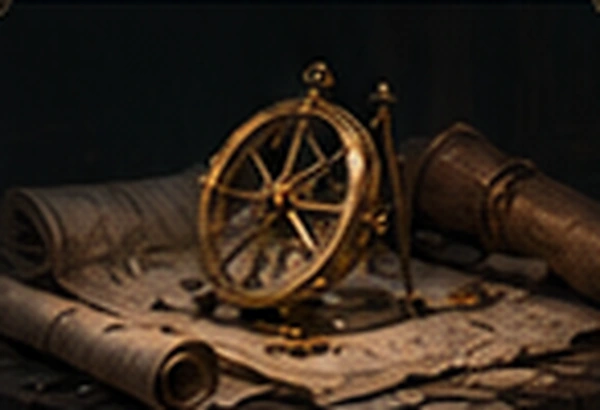 A brass navigation instrument, scrolls, maps and a spyglass