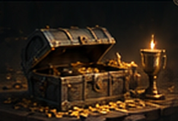 An open treasure chest of coins and artifacts beside a candlelit goblet